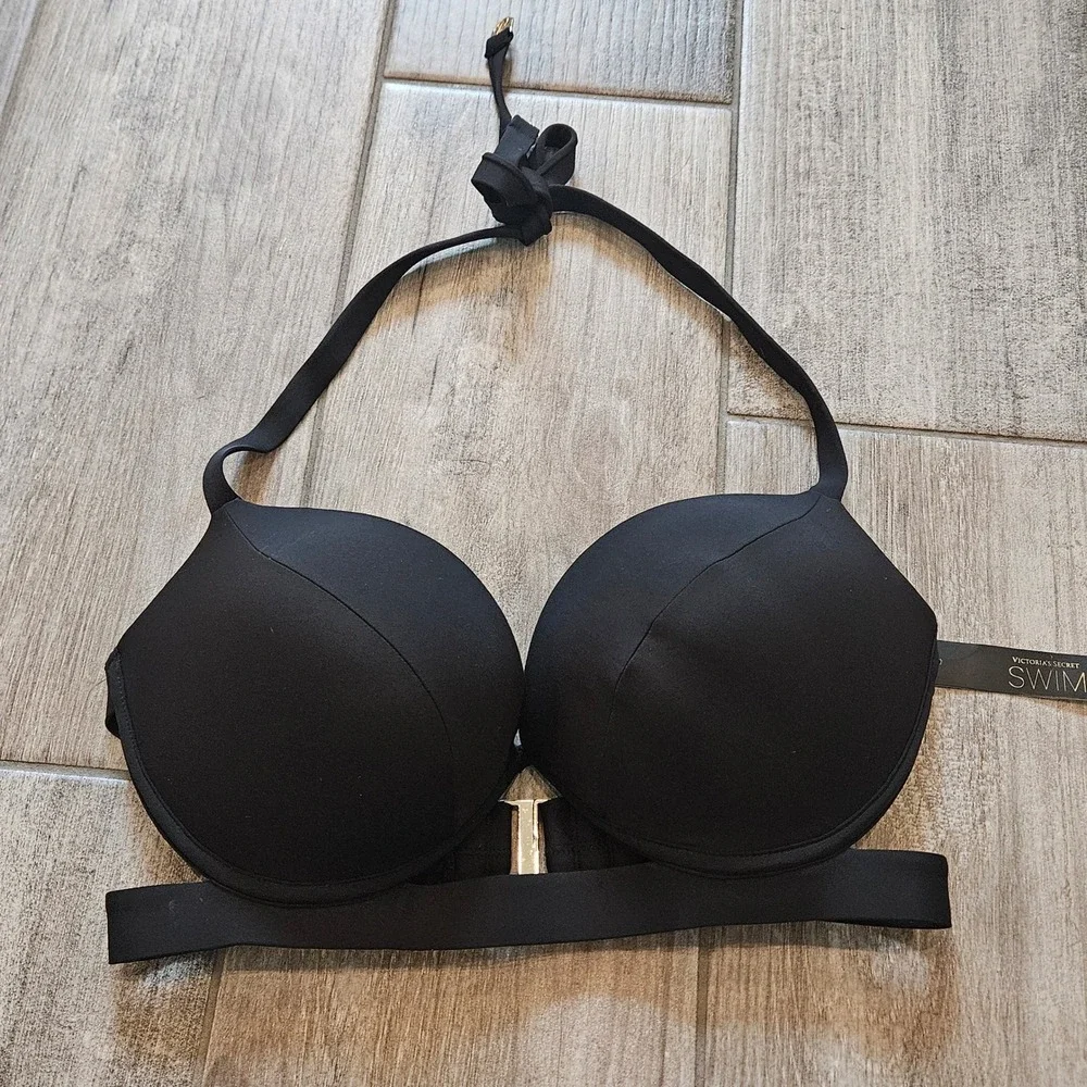 Victoria's Secret The Hottie Halter Bikini Top Black Size 34DD NEW Push Up Swim